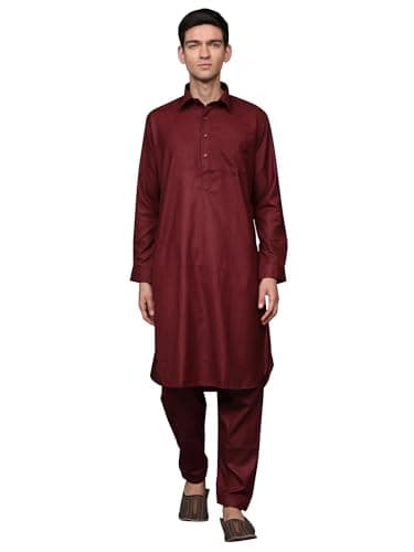 Exotic India Men's Pathani Style Cotton Kurta Pajama Set with Front Pocket | Ethnic Wear Men Kurta Pajama Combo Set