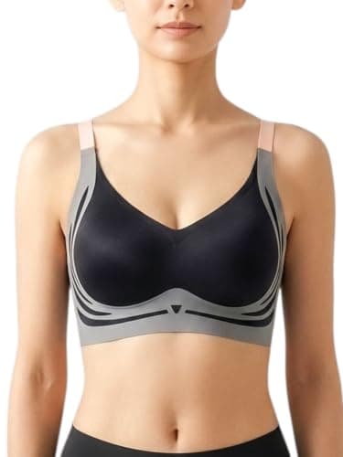 CareDone Women's Seamless Sports Bra, Wireless, V-Neck, Black and Grey, Workout Activewear. (in, Alpha, L, Regular, Black) 2