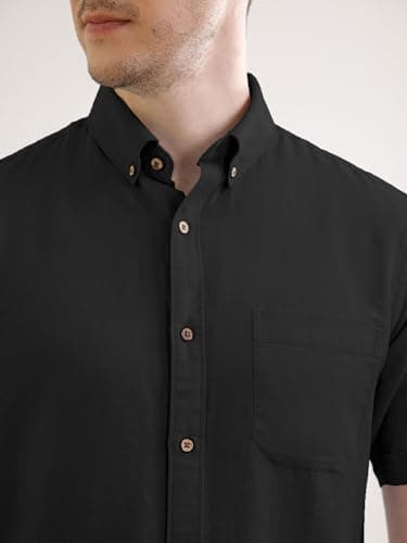 THE FORMAL CLUB Men's Premium Linen/Cotton Blend Shirt | Smart Fit | Half Sleeves | Button Down Collar | American Placket | Raven Colour | Casual Wear | Made in India | Pack of 1. 2
