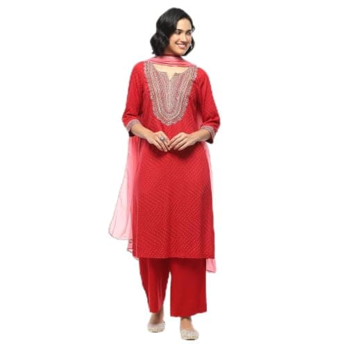 BIBA Women's Cherry Red Rayon Straight Suit Set_40