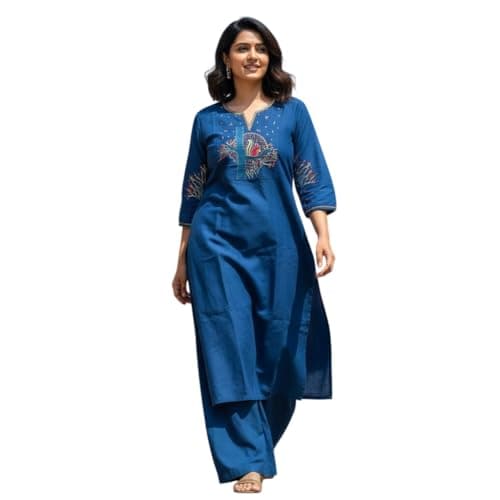 Women's Cotton A-Line Printed Co-Ord Set with Palazzo | Kurta Set for Women | A-Line Kurti Co-Ord Set | Printed Kurti Palazzo | Women Kurta Set (IN, Alpha, XL, Regular, Wome, Blue)