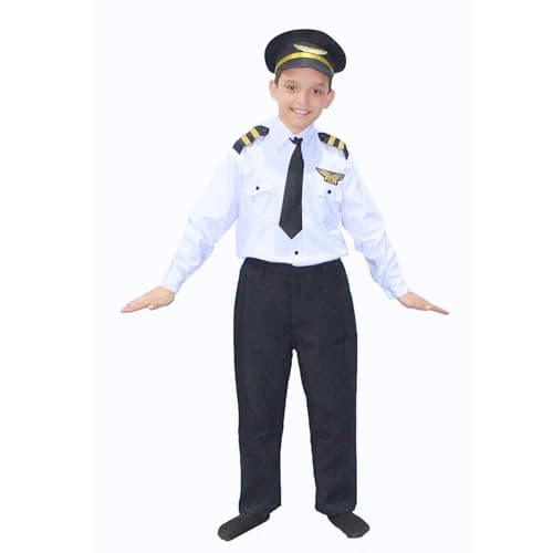 Kaku Fancy Dresses Polyester Our Community Helper Pilot Costume For Kids White Pilot Shirt & Black Pant With Black Cap For Boys & Girls - 7-8 Years