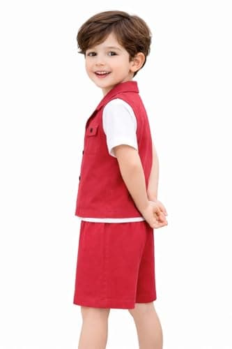 3BROS Kids Cotton Shirt Shorts Set for Boys Kids Clothing/Boys Clothing Set (Party/Festive) Wear (Red, 3-4 Years) 2