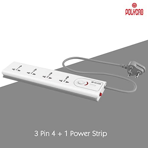 Polycab 3 Pin Socket 4 in 1 Power Extension Strip For Home & Office Use With Surge Protection Connect Computers Laptops & Home Appliances 4