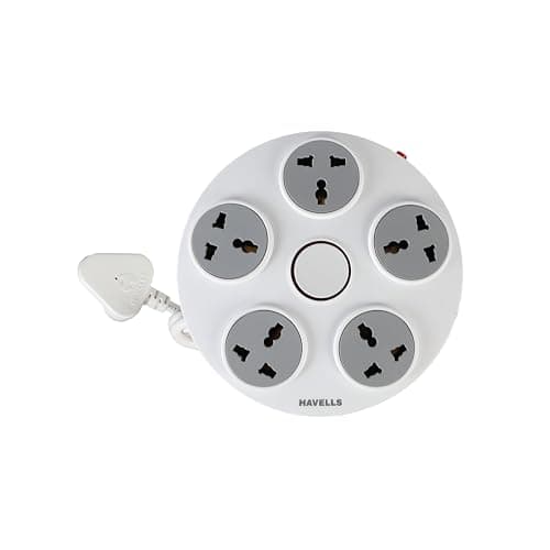 Havells Wheel Star 5X 5+1 Round Extension Board | Overload, Over Current & Over Voltage Protection | 1.5 Mtr Copper Wire | ISI Certified Wire & Plug | Universal 3 Pin 5 Sockets | LED Indicator | Home 