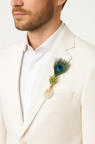 Men’s Peacock Feather Brooch Set of 2 with Pearl Tassel | Premium Designer Lapel Pin for Sherwani, Suit & Blazer | Wedding Groom Ethnic Accessories Combo 3