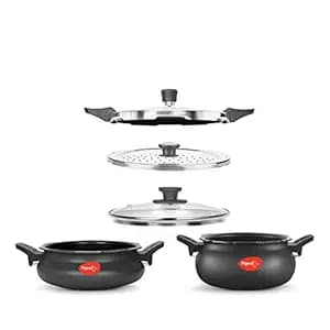 Pigeon All in One Value Pack Hard Anodized Super Cooker with Induction Base Outer Lid, 5 Litre and 3 Litre, 3 Lids (Pressure Lid, Strainer Lid and Serving Lid), Black