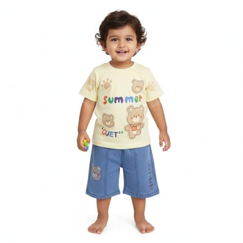 Printed Casual Kids Clothes for Boys | Half Sleeves Round Neck Pure Cotton Tshirt and Denim Shorts Kids Clothing Set | Summer Outfit Everyday Baby Boy Clothes (Cream, 5-6 years)