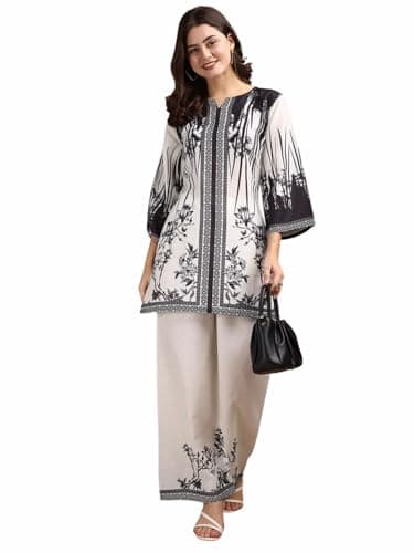 Women's Co-ord Rayon Floral Printed Kurta Pant Set | High-Low Hem & Full Sleeves | Ethnic Co-ord for Festive & Casual Wear | Co-ord Set For Women Stylish (IN, Alpha, L, Regular, Women, White)
