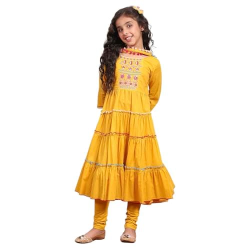 Biba Girl's Yellow Cotton Tiered Solid Suit Set