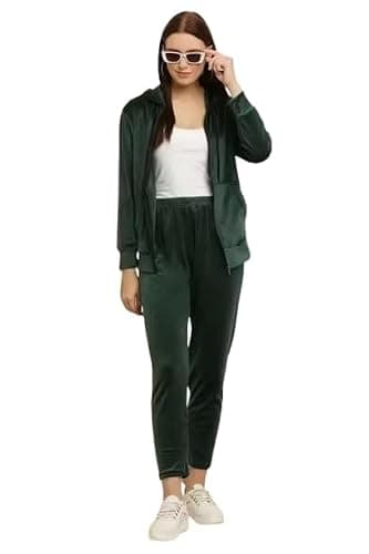 100LUCK Trendy Women’s & Girls Velvet Tracksuit Set | Soft & Stretchable Velvet Co-Ord Set for Women | Stylish Hooded Jacket & Jogger Pants | Winter Wear Casual for Travel, Gym & Daily. Bottle Green