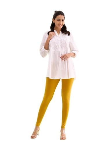 GO COLORS Soft Cotton Stretch Ankle Length Leggings for Women | Breathable, Mid Rise, Light Mustard