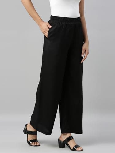 Go Colors Solid Viscose Basic Palazzo for Women | Mid Rise, Side Pockets, Black_LPZ7_Black_M 2