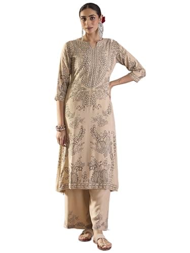 INDO ERA Women's Viscose Rayon Ethnic Motifs Printed Straight Kurta & Pant Set (Beige_IEBGC10259_X-Large)