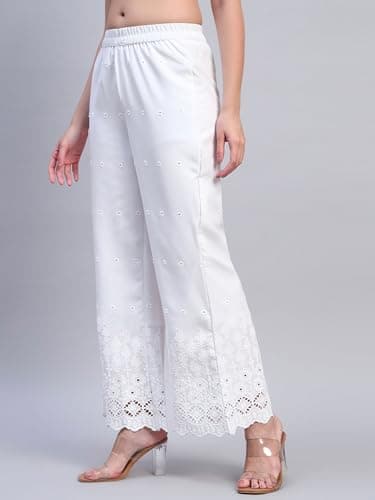 SHOPPING QUEEN Women's Cotton Embroidered Chikankari Palazzo (A687_White7_L) 3