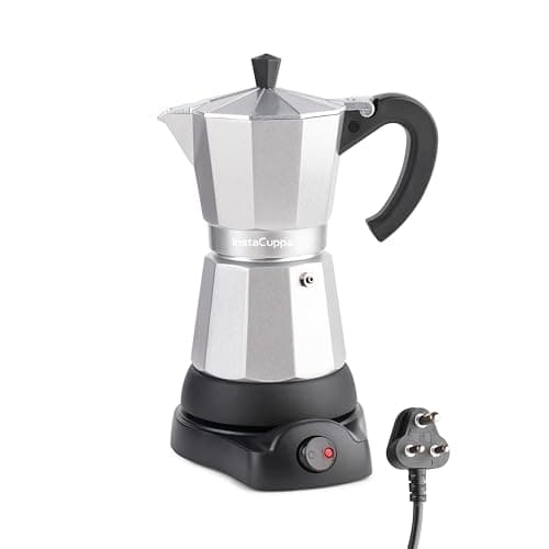 InstaCuppa Electric Moka Pot Coffee Maker, One-button Auto Espresso Machine 300ml, Safe Auto-Shutoff, Perfect for Busy Indian Moms, 6 Cups Capacity, Silver