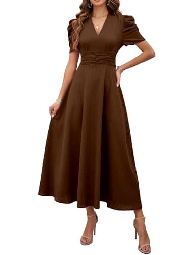 Shasmi Girl's & Women's Brown Solid Color V-Neck A-Line Maxi Dress for Women | New Year Party Outfit | Waist Cinched Puff Sleeve Western Dress | Elegant Casual Wear (Dress 246 Brown-M)