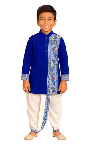 Boys' Traditional Jamdani Border Cotton Kurta with Silk Dhoti Set, Ages 2-14 Years, (Blue, 7-8 Year)