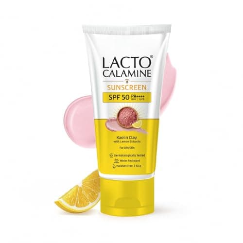 Lacto Calamine Light Weight Sunscreen SPF50 | PA++++ | No White Cast | Broad Spectrum Protect |Non-Sticky | For all skin types, Water Resistant, With Kaolin Clay & Lemon Extract, For Face & Body | 50g