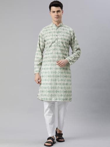 Majestic Man Men Cotton Blend Ethnic Motifs Embroidered Chikankari Regular Kurta (Green, Small) 2