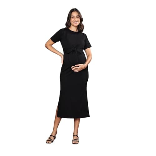 MomToBe Women's Polyester Bodycon Maternity Dress for Pre and Post Pregnancy (Ink Black ; Medium)