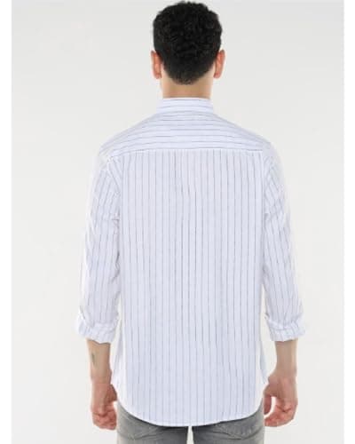 MILDIN Men's Pure Cotton Striped Printed Shirt with Spread Collared Neck Full Sleeve Curved Hemline Button Closure and Regular Fit | Shirt for Man White Oxford Single Full - M 4