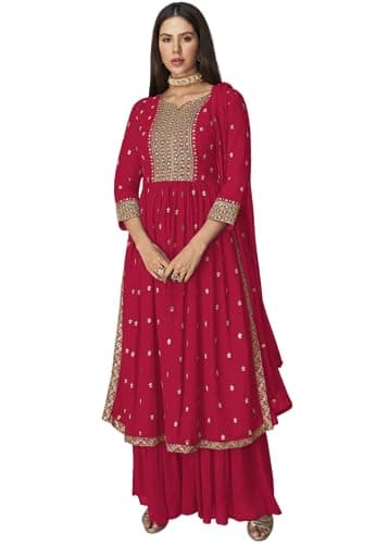 Xomantic Fashion Women's Ethnic Wear Nyra Cut Embroidery Kurti plazzo and Dupatta (X-Large, Pink)