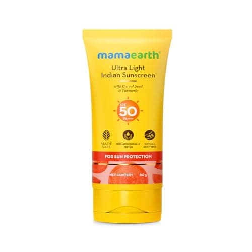 Mamaearth Ultra Light Indian Sunscreen with Carrot Seed & Turmeric | SPF 50 PA ++++ | UVA & UVB Protection | Tan Protection | No White Cast | Non-Greasy & Quick Absorbing | Super Lightweight | Suits A