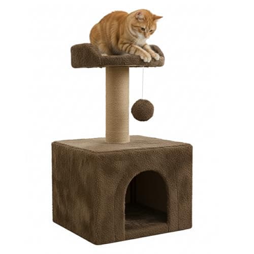 Furrlovers Soft Fur Condo Activity Cat Tree - Sisal/Jute Rope | Scratching Post | Hanging Ball | Suitable for Cats, (Brown - FURR-23)