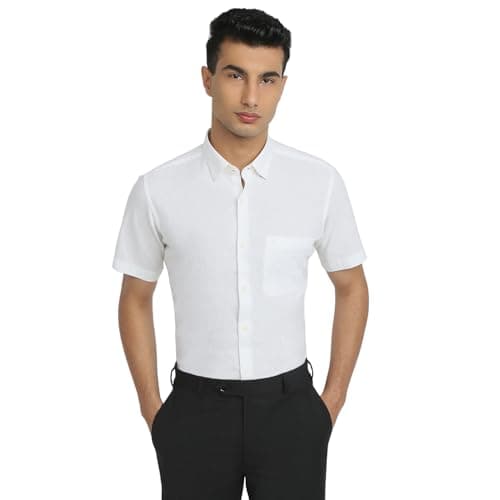 Raymond Men Regular Fit Chambray Pattern Cotton Linen Blend Button Down Collar Half Sleeve Casual Shirt (Size: 42)-RCSI01923-W0