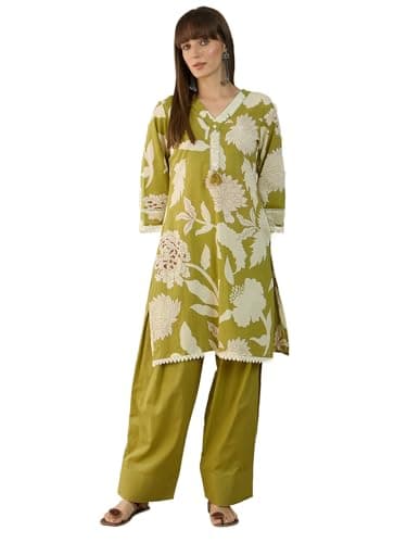 INDO ERA Women Green Pure Cotton Co-Ord Set | Kurta Pant Set for Casual Wear,IESTR12162M | Co Ord Set For Women Stylish |