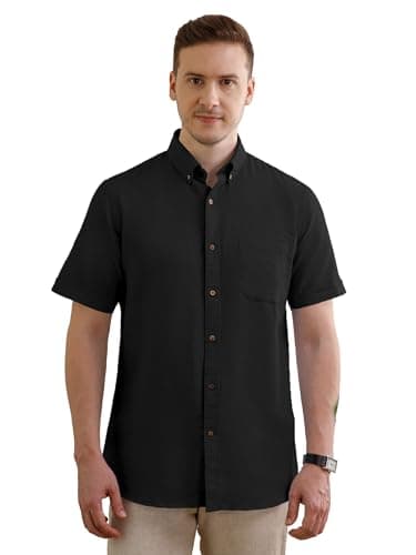 THE FORMAL CLUB Men's Premium Linen/Cotton Blend Shirt | Smart Fit | Half Sleeves | Button Down Collar | American Placket | Raven Colour | Casual Wear | Made in India | Pack of 1.