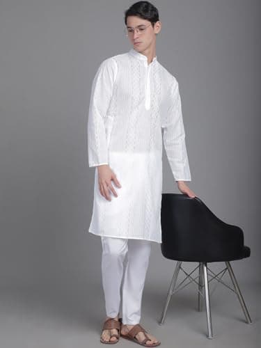 Majestic Man Men Cotton Regular Fit Embroidered Ethnic Motifs Double Plaket Kurta (White, Small) 5