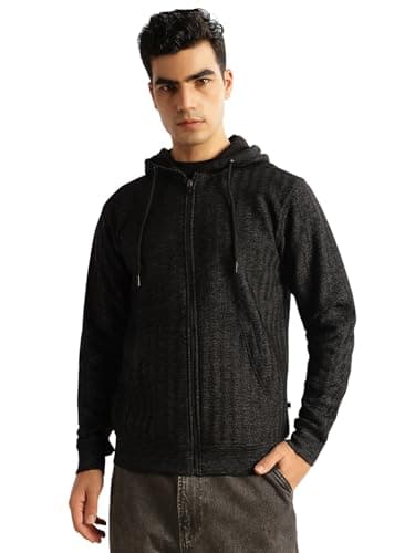 Thomas Scott Men's | Regular Fit | Long Sleeves | Zip Closure | Front-Open | Dry Clean | 2 Pockets | Knitted | Hooded | Sweatshirt (TMSTHOODIE100_Black_S)
