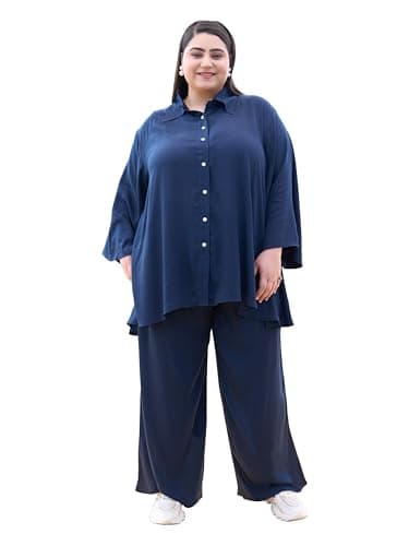 TITTLI Wrinkle Rayon Oversized Shirt & Palazzo Plus Size Co-Ord Set for Women | Relaxed Fit Two Piece Outfit | Casual Wear Outfit | Sizes - XXL, 3XL, 4XL, 5XL, 6XL Navy Blue