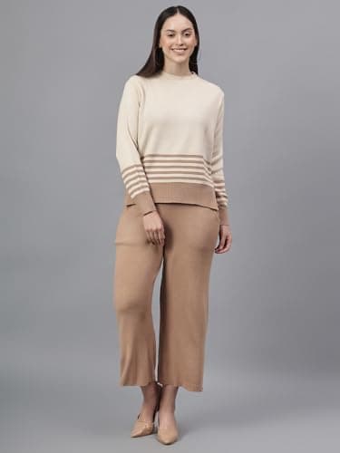 Cantabil Stripe Beige Spread Collar Long Sleeves Regular Fit Women Casual Co-ord Set Ladies Co-ord Set for Winter Wear (LCOR000014_Ivory_L) 5