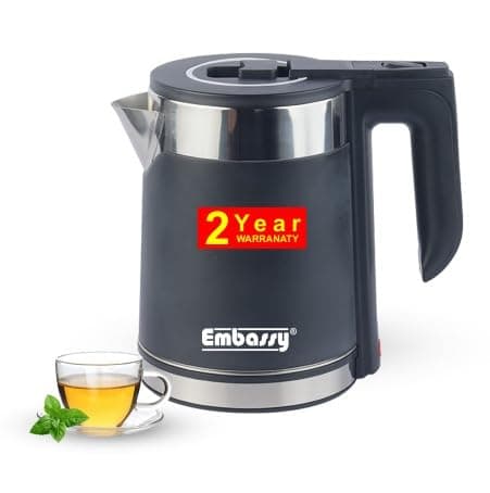 EMBASSY Electric Kettle Stainless Steel 1.8 L | 1000W | Superfast Boiling | Auto Shut-Off | Boil Dry Protection | 360° Rotating Base | 2 YEAR WARRANTY | Black