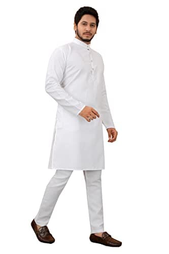 KAMOSA Cotton Blend Solid Kurta Pyjama set for Men for wedding party casual (XXL, WHITE) 4