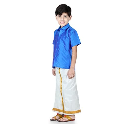 BownBee Boys Silk Shirt & Mundu Dhoti South Indian Traditional Ethnic Dress for Kids with Half Sleeves, Button Closure Shirts for Baby Boy, Ideal for Any Festival Occasions & Wedding (Blue, 4-5 Yrs) 2