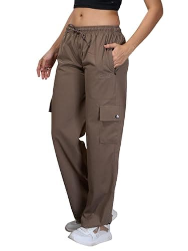 CUPID Women Smart Slim Fit Cargo Pants with High Waist, Zipper Pockets, Easy Wash Straight Fit Casual Wear_Mocha_L