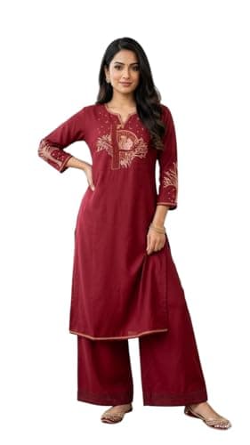 Women's Cotton A-Line Printed Co-Ord Set with Palazzo | Kurta Set for Women | A-Line Kurti Co-Ord Set | Printed Kurti Palazzo | Women Kurta Set (IN, Alpha, L, Regular, Wome, maroon)