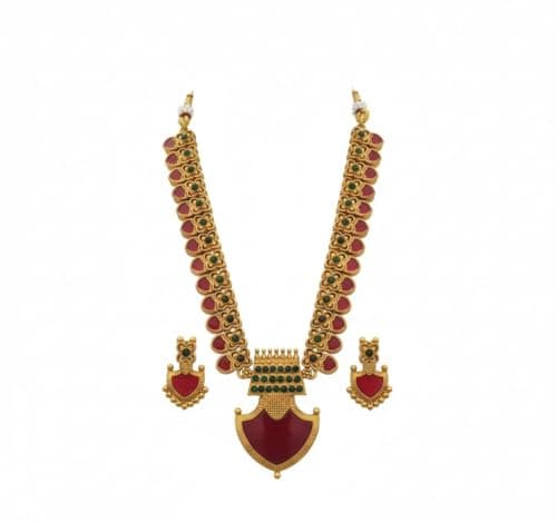 TEMU INDIA Traditional Temple Jewellery Necklace Set with Ruby & Green Stone Detailing – Ethnic Gold Plated Bridal Necklace Set for Women | Wedding & Festive