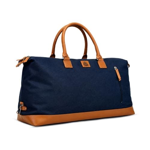 Packster Denaro 37L Weekender Duffle Bag for Men, Denim Travel Bag with Leatherette Handles, Adjustable Shoulder Strap, Front Zip Pocket, Water-Resistant, Lightweight Overnight Bag (Tan Navy) 5