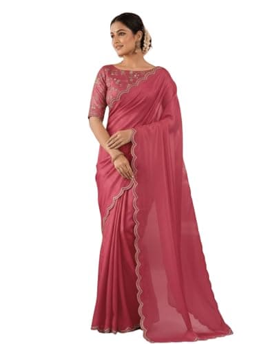 Embroidered Saree with Blouse, Traditional Indian Ethnic, Floral Design (Peach)