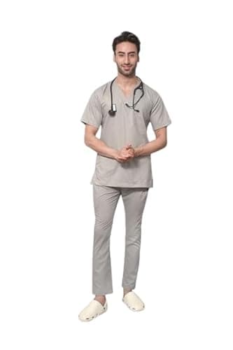 NextZ Men’s Medical Scrubs Set – Stretchable V-Neck Half Sleeve Hospital Scrub Suit Top & Bottom Uniform for Doctors & Healthcare Professionals (Grey, Large) HC1003M.10L