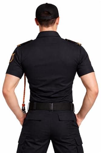 Men's Black Security Uniform Shirt, Short Sleeve with Gold Embroidered Patches and Epaulettes (in, Alpha, L, Regular) 2