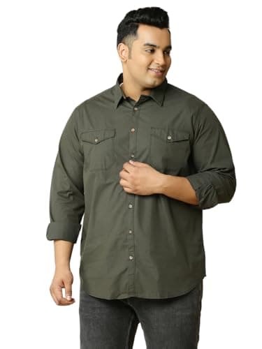 Thomas Scott Mens | Full Sleeve | Solid | Double Pockets | Regular Fit | Plus Size | 100% Cotton | Spread Collar | Casual | Shirts (Olive_5XL)