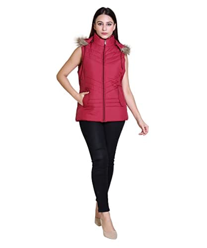 Brazo Women's Sleeveless Solid Jacket With Hoodie (M, Maroon) 4