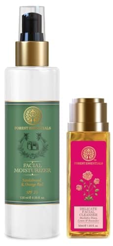 Forest Essentials Face Care Set | Sandalwood-Orange Peel Moisturiser SPF30 & Honey-Lemon-Rosewater Face Wash | Normal to Dry Skin | Travel Size