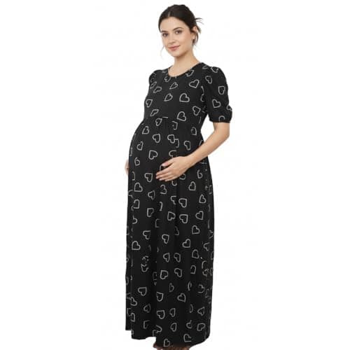 Women Maternity Maxi Dress | Black Heart Print Feeding Friendly Pregnancy Dress | Soft Cotton Casual Wear for Pregnant Women (in, Alpha, 2XL, Regular)